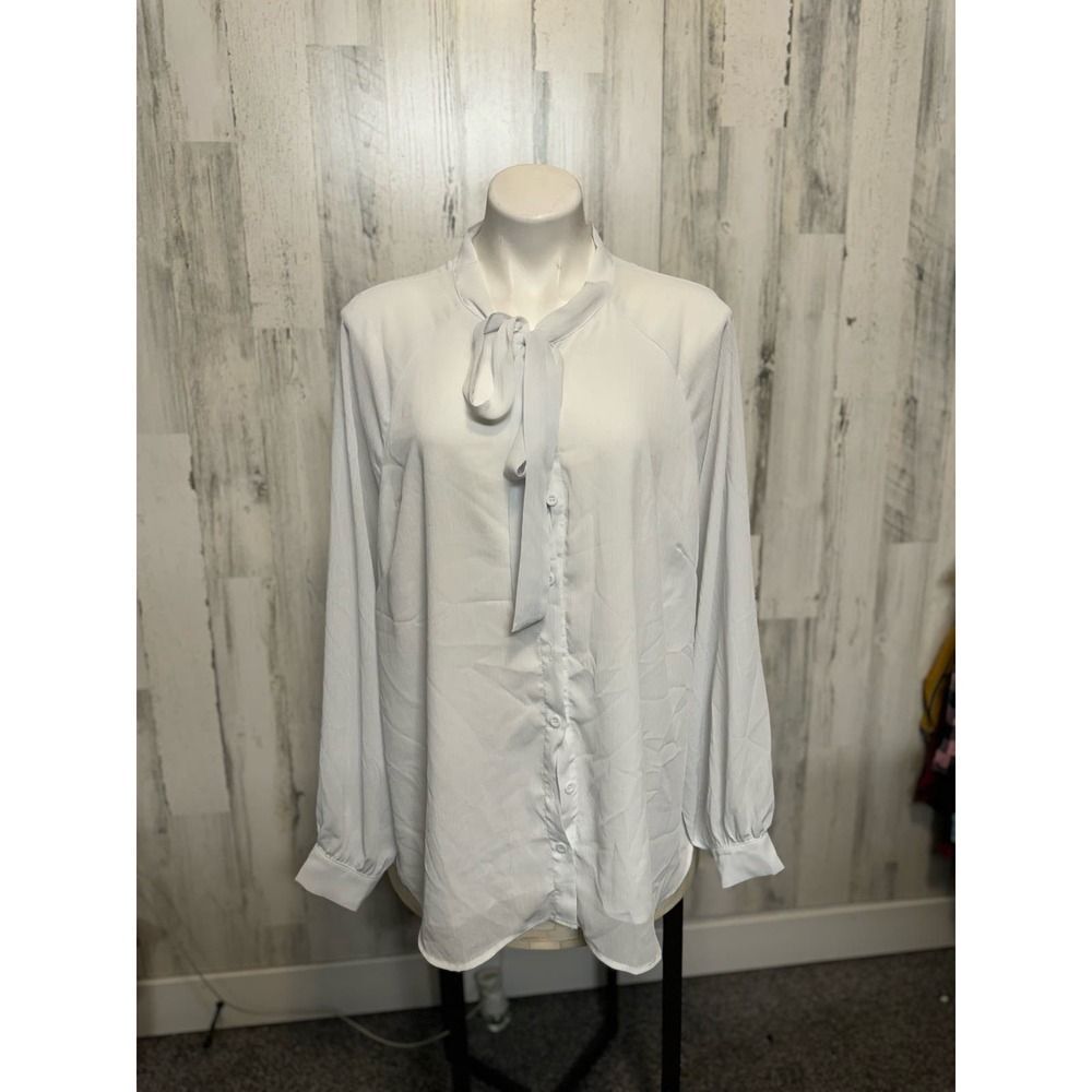 IN'VOLAND Tie Neck Ruffled Chiffon Blouse Plus Size White Long Sleeve Tunic